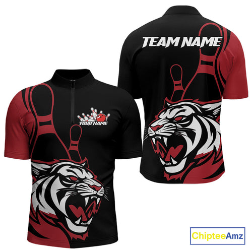 Custom Black And Red Tiger Bowling Jerseys, Tiger Bowling Team Men Quarter-Zip Shirts IPHW9014