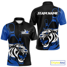 Load image into Gallery viewer, Custom Black And Blue Tiger Bowling Jerseys, Tiger Bowling Team Men Polo Shirts IPHW9015