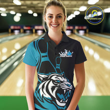 Load image into Gallery viewer, Custom Black And Cool Blue Tiger Bowling Jerseys, Tiger Bowling Team Women Polo Shirts IPHW9016