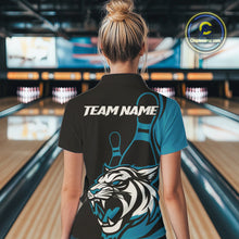 Load image into Gallery viewer, Custom Black And Cool Blue Tiger Bowling Jerseys, Tiger Bowling Team Women Polo Shirts IPHW9016