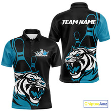 Load image into Gallery viewer, Custom Black And Cool Blue Tiger Bowling Jerseys, Tiger Bowling Team Men Polo Shirts IPHW9016