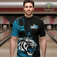 Load image into Gallery viewer, Custom Black And Cool Blue Tiger Bowling Jerseys, Tiger Bowling Team Men Quarter-Zip Shirts IPHW9016