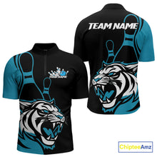 Load image into Gallery viewer, Custom Black And Cool Blue Tiger Bowling Jerseys, Tiger Bowling Team Men Quarter-Zip Shirts IPHW9016