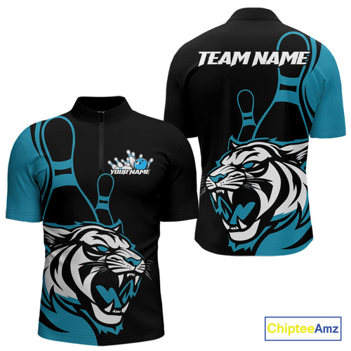 Custom Black And Cool Blue Tiger Bowling Jerseys, Tiger Bowling Team Men Quarter-Zip Shirts IPHW9016