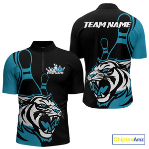 Custom Black And Cool Blue Tiger Bowling Jerseys, Tiger Bowling Team Men Quarter-Zip Shirts IPHW9016