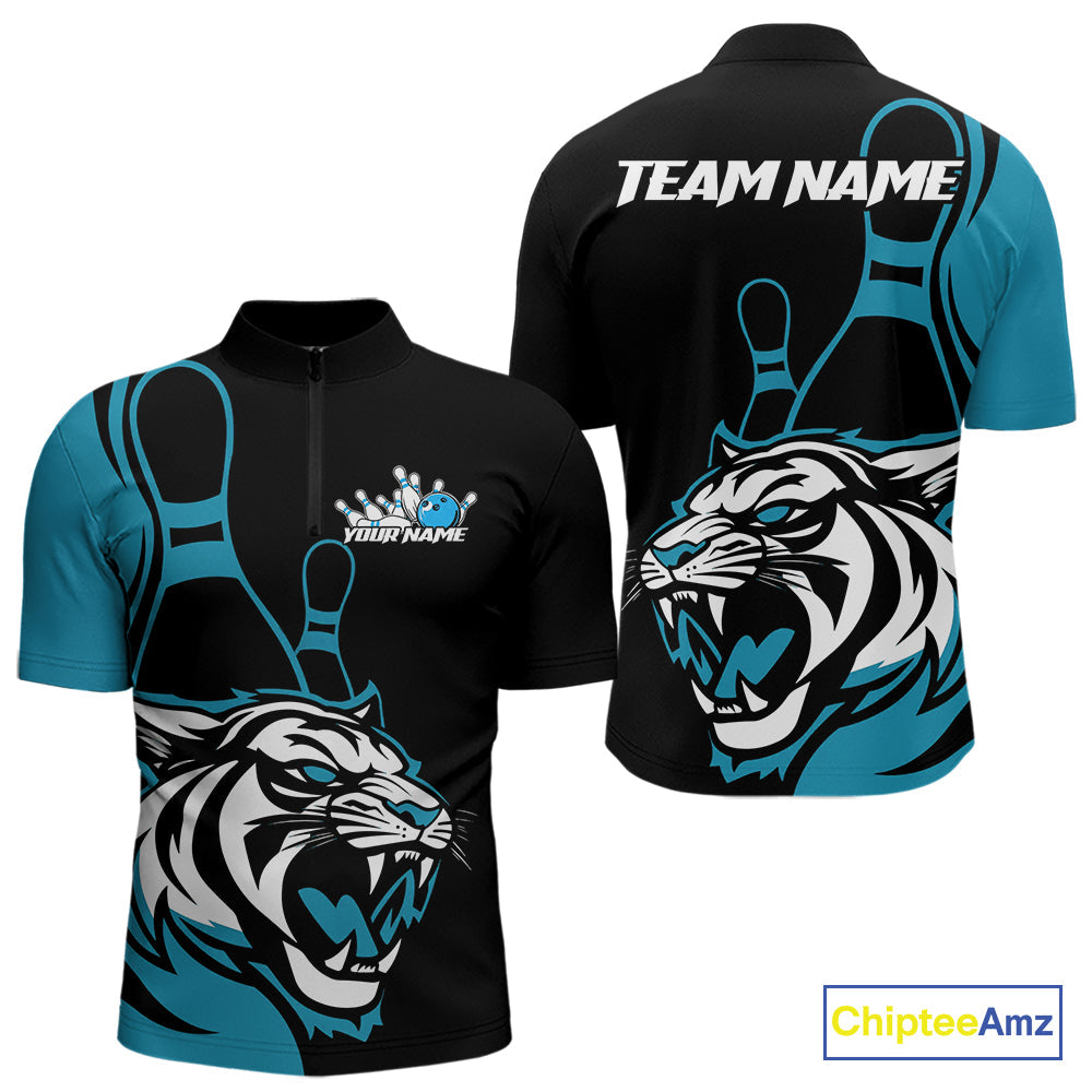 Custom Black And Cool Blue Tiger Bowling Jerseys, Tiger Bowling Team Men Quarter-Zip Shirts IPHW9016