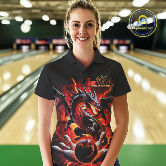 Custom Red Thunder Lightning Dragon Women Polo Shirts, Dragon Team Bowling League Shirt IPHW9024
