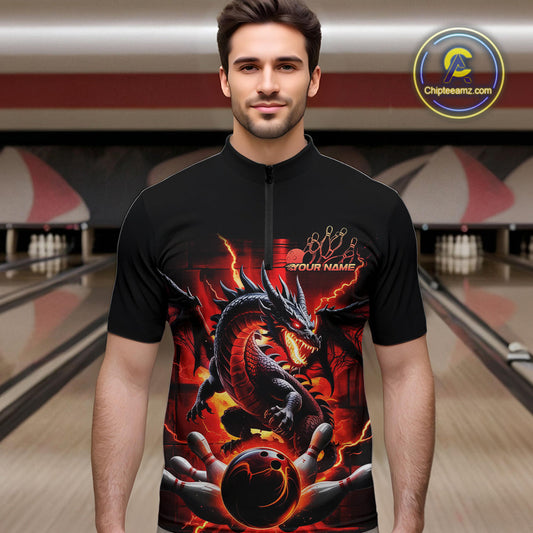 Custom Red Thunder Lightning Dragon Men Quarter-Zip Shirts, Dragon Team Bowling League Shirt IPHW9024