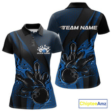 Load image into Gallery viewer, Front and back display of a black and blue women’s bowling polo shirt featuring a flaming bowling ball striking pins with hexagon graphics and diagonal stripes.