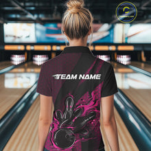 Load image into Gallery viewer, Custom Black And Pink Flame Bowling Polo Shirt For Women, Bowling Team Tournament Jersey IPHW11183