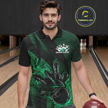Load image into Gallery viewer, Custom Black And Green Flame Bowling Polo Shirt For Men, Bowling Team Tournament Jersey IPHW11184