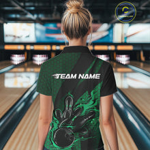 Load image into Gallery viewer, Custom Black And Green Flame Bowling Polo Shirt For Women, Bowling Team Tournament Jersey IPHW11184
