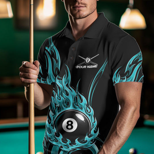Custom Turquoise Blue Tribal Flame 8 Ball Billiards Men Polo Shirt, Pool League Shirt IPHW11753
