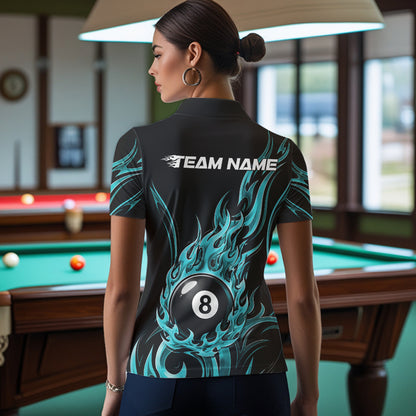 Custom Turquoise Blue Tribal Flame 8 Ball Billiards Women Polo Shirt, Pool League Shirt IPHW11753