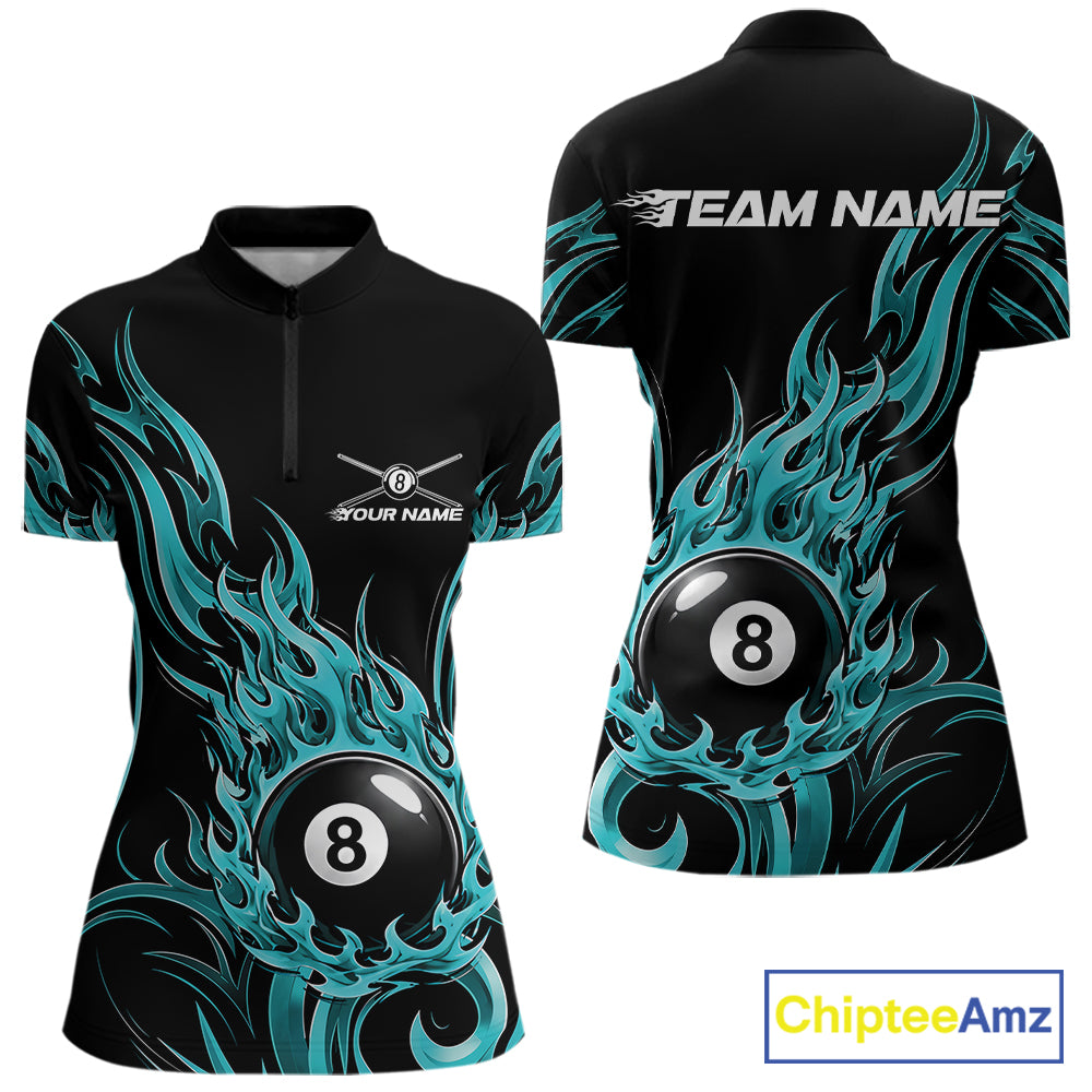 Custom Turquoise Blue Tribal Flame 8 Ball Billiards Women Quarter-Zip Shirt, Pool Shirt IPHW11753