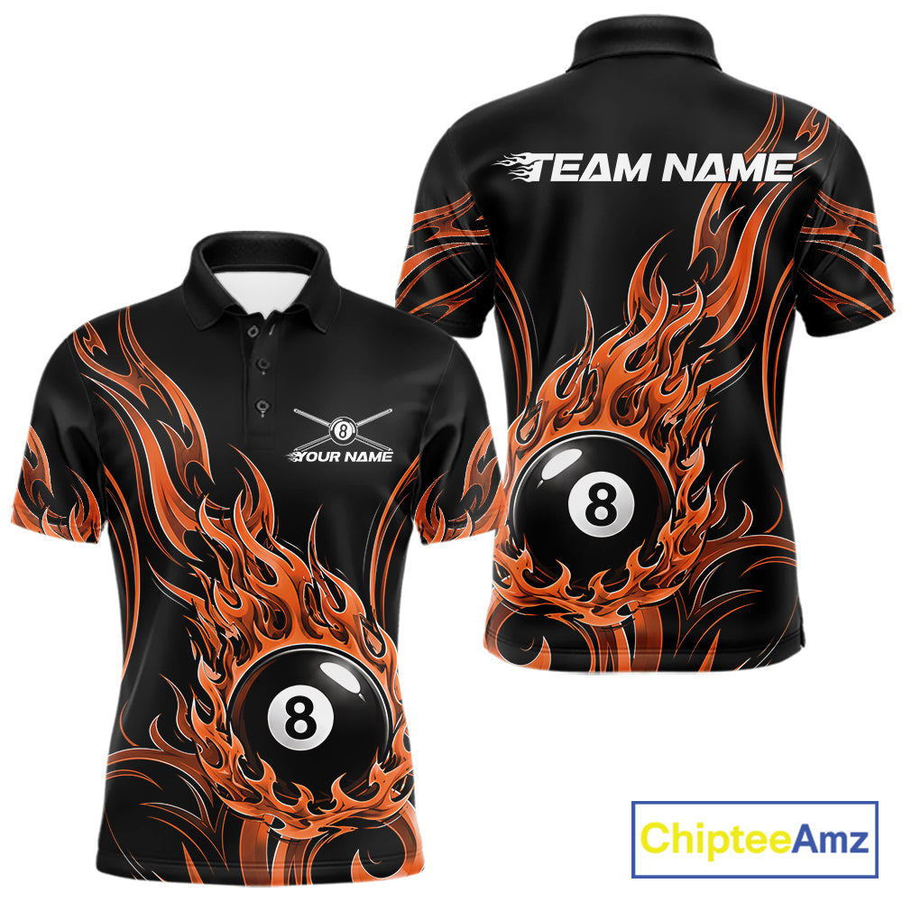 Custom Orange Tribal Flame 8 Ball Billiards Men Polo Shirt, Pool League Shirt IPHW11754