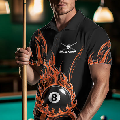 Custom Orange Tribal Flame 8 Ball Billiards Men Polo Shirt, Pool League Shirt IPHW11754