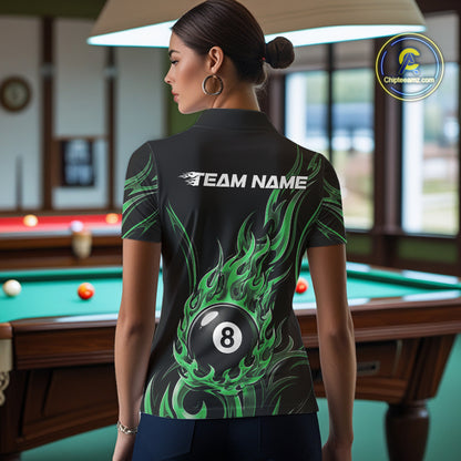 Custom Green Tribal Flame 8 Ball Billiards Women Polo Shirt, Pool League Shirt IPHW11755