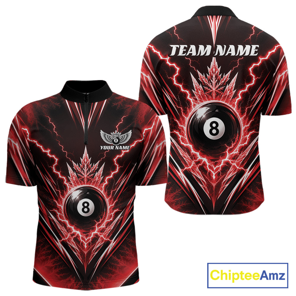 Custom Red Icy Thunder Lightning 8 Ball Billiards Men Quarter Zip Shirt, Pool League Shirt IPHW11765
