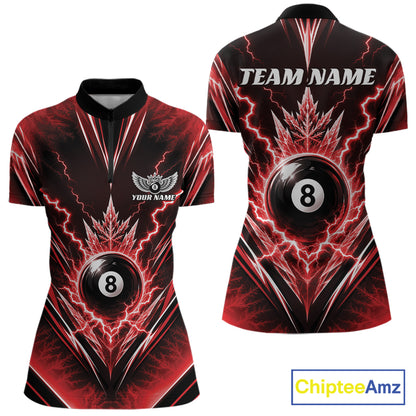 Custom Red Icy Lightning 8 Ball Billiards Women Quarter-Zip Shirt, Pool League Shirt IPHW11765