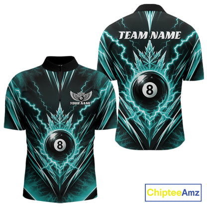 Custom Turquoise Blue Icy Lightning 8 Ball Billiards Men Quarter Zip Shirt, Pool League Shirt IPHW11766