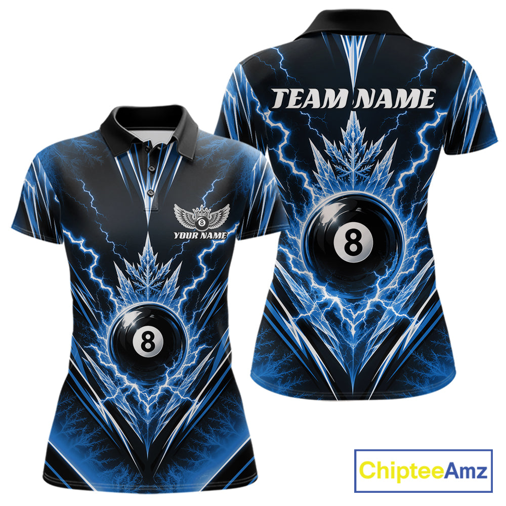 Custom Blue Icy Thunder Lightning 8 Ball Billiards Women Polo Shirt, Pool League Shirt IPHW11768
