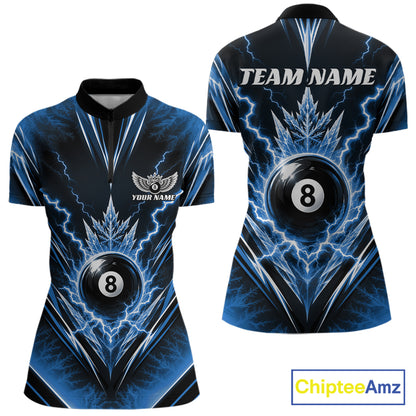 Custom Blue Icy Lightning 8 Ball Billiards Women Quarter-Zip Shirt, Pool League Shirt IPHW11768