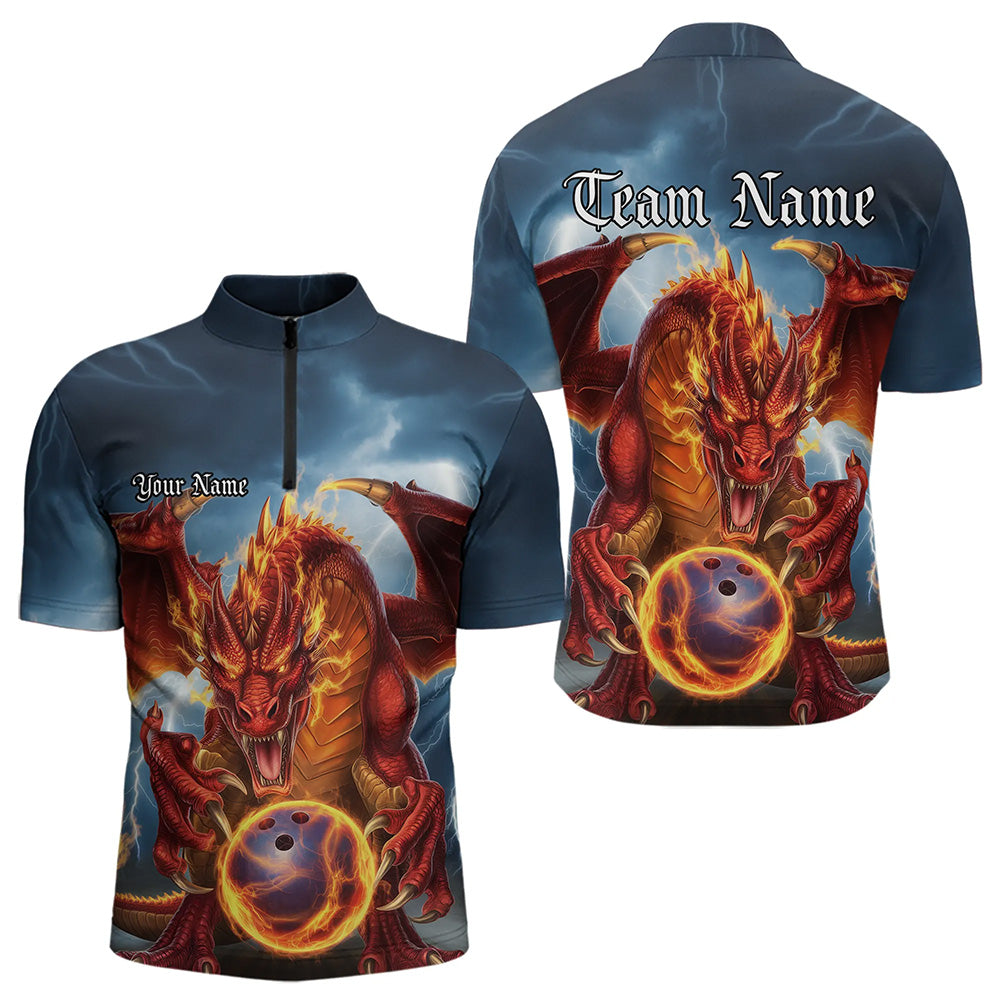 Custom Blue Thunder Lightning Flame Dragon Bowling Quarter-Zip Team Shirts For Men IPHW8306