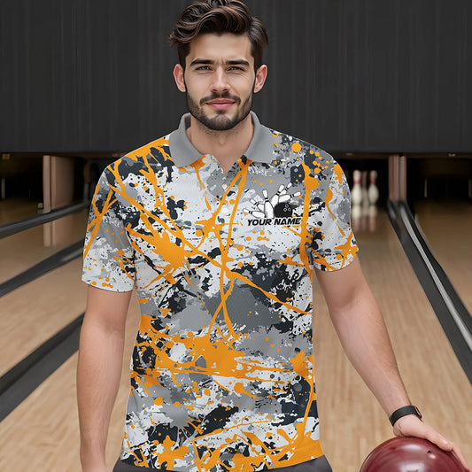 Custom Yellow Splatter Bowling Team Polo Shirts For Men, Bowling Tournament Shirts IPHW8308