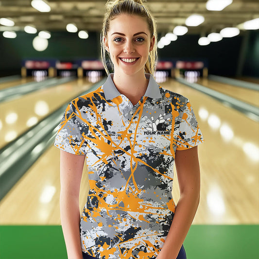 Custom Yellow Splatter Bowling Team Polo Shirts For Women, Bowling Tournament Shirts IPHW8308