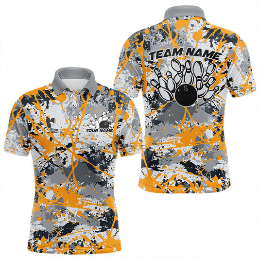 Custom Yellow Splatter Bowling Team Polo Shirts For Men, Bowling Tournament Shirts IPHW8308