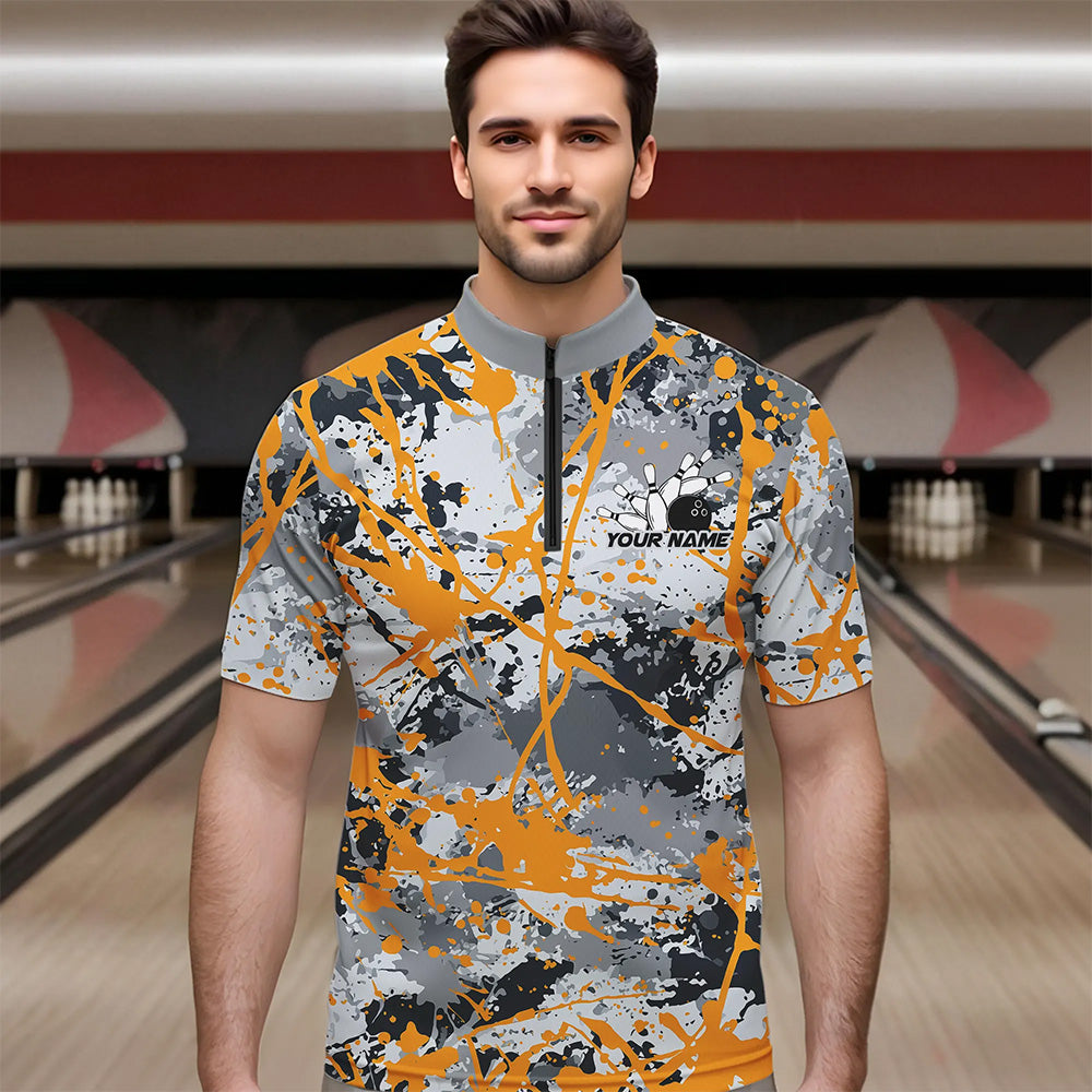 Custom Yellow Splatter Bowling Team Quarter-Zip Shirts For Men, Bowling Tournament Shirts IPHW8308