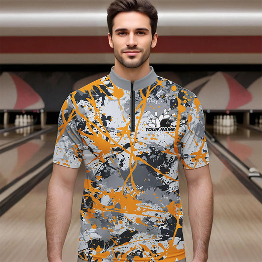 Custom Yellow Splatter Bowling Team Quarter-Zip Shirts For Men, Bowling Tournament Shirts IPHW8308