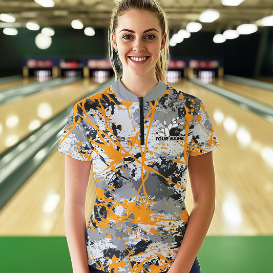 Custom Yellow Splatter Bowling Team Quarter-Zip Shirts For Women, Bowling Tournament Shirts IPHW8308