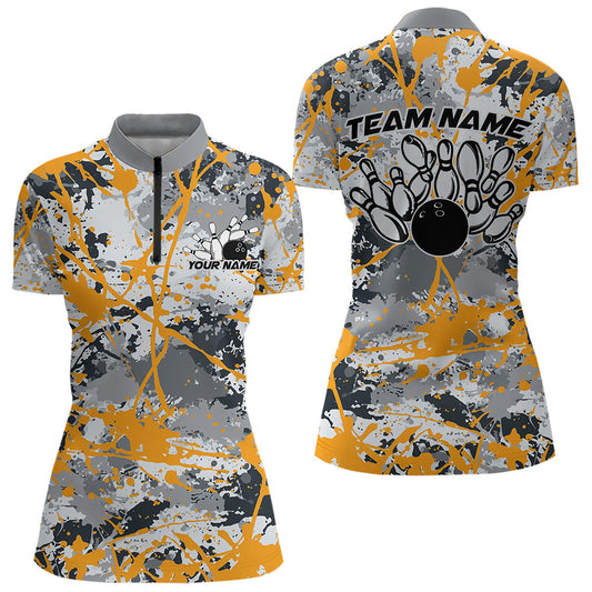 Custom Yellow Splatter Bowling Team Quarter-Zip Shirts For Women, Bowling Tournament Shirts IPHW8308