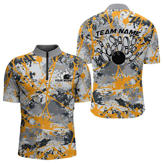 Custom Yellow Splatter Bowling Team Quarter-Zip Shirts For Men, Bowling Tournament Shirts IPHW8308