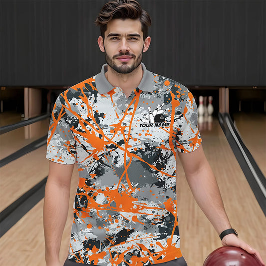 Custom Orange Splatter Bowling Team Polo Shirts For Men, Bowling Tournament Shirts IPHW8310