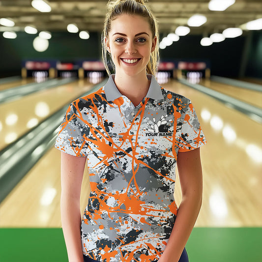 Custom Orange Splatter Bowling Team Polo Shirts For Women, Bowling Tournament Shirts IPHW8310