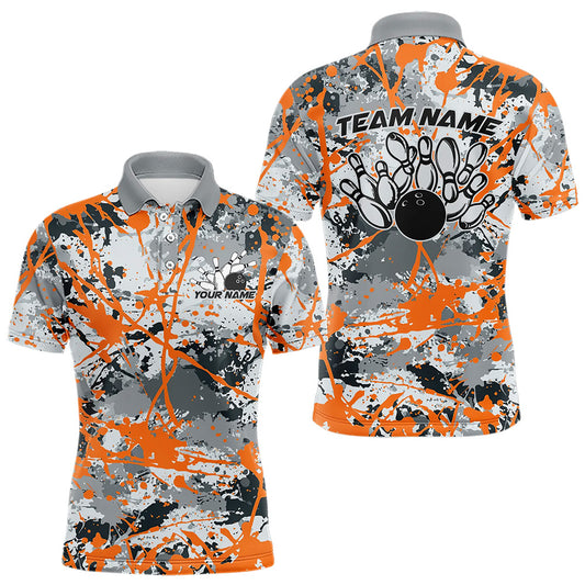 Custom Orange Splatter Bowling Team Polo Shirts For Men, Bowling Tournament Shirts IPHW8310