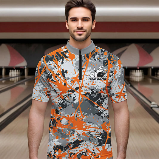Custom Orange Splatter Bowling Team Quarter-Zip Shirts For Men, Bowling Tournament Shirts IPHW8310