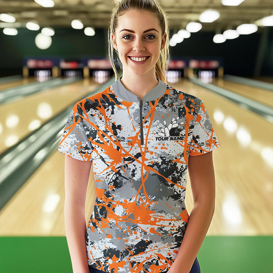 Custom Orange Splatter Bowling Team Quarter-Zip Shirts For Women, Bowling Tournament Shirts IPHW8310
