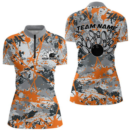 Custom Orange Splatter Bowling Team Quarter-Zip Shirts For Women, Bowling Tournament Shirts IPHW8310