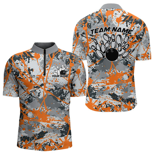 Custom Orange Splatter Bowling Team Quarter-Zip Shirts For Men, Bowling Tournament Shirts IPHW8310