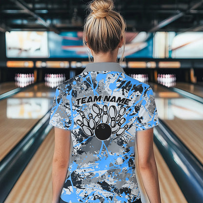 Custom Blue Splatter Bowling Team Polo Shirts For Women, Bowling Tournament Shirts IPHW8311