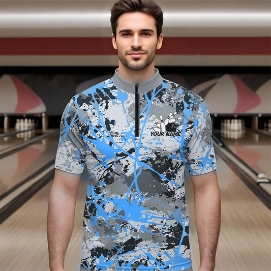 Custom Blue Splatter Bowling Team Quarter-Zip Shirts For Men, Bowling Tournament Shirts IPHW8311