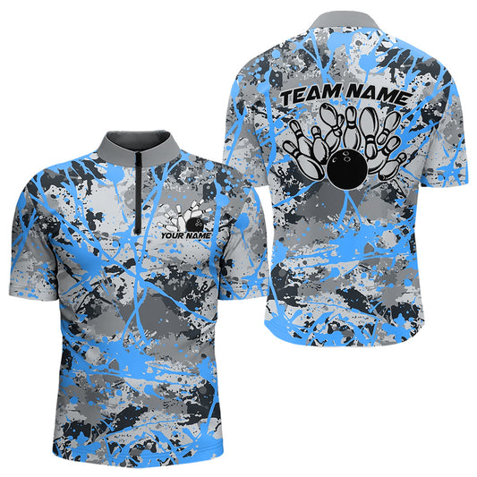 Custom Blue Splatter Bowling Team Quarter-Zip Shirts For Men, Bowling Tournament Shirts IPHW8311