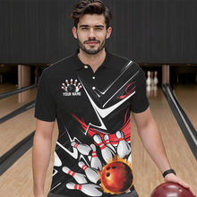 Load image into Gallery viewer, Custom Black And Red Flame Bowling Polo Shirts For Men, Fire Bowling Team Uniform IPHW8316