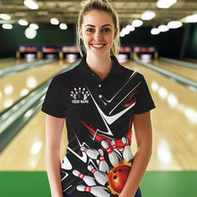 Load image into Gallery viewer, Custom Black And Red Flame Bowling Polo Shirts For Women, Fire Bowling Team Uniform IPHW8316