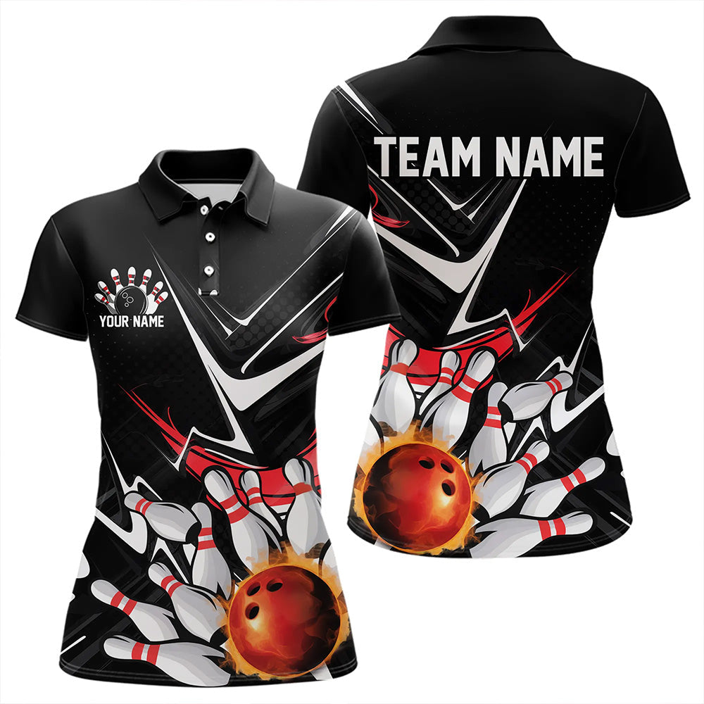 Custom Black And Red Flame Bowling Polo Shirts For Women, Fire Bowling Team Uniform IPHW8316