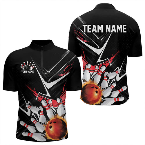 Custom Black And Red Flame Bowling Quarter-Zip Shirts For Men, Fire Bowling Team Uniform IPHW8316